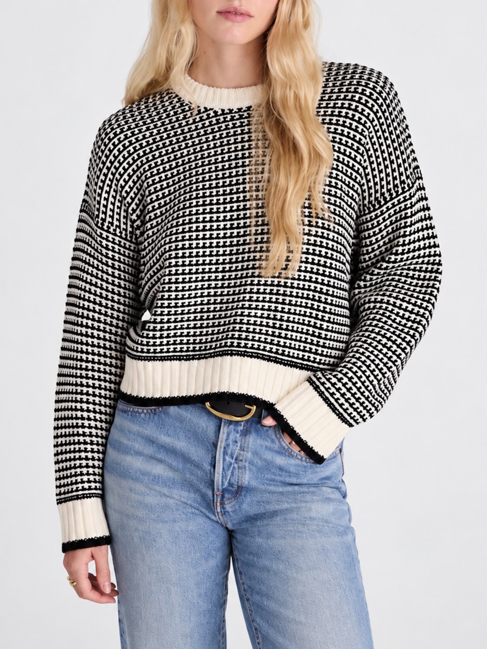 Madewell Textured-Stitch Crewneck Sweater in Ivory/Black Stripe